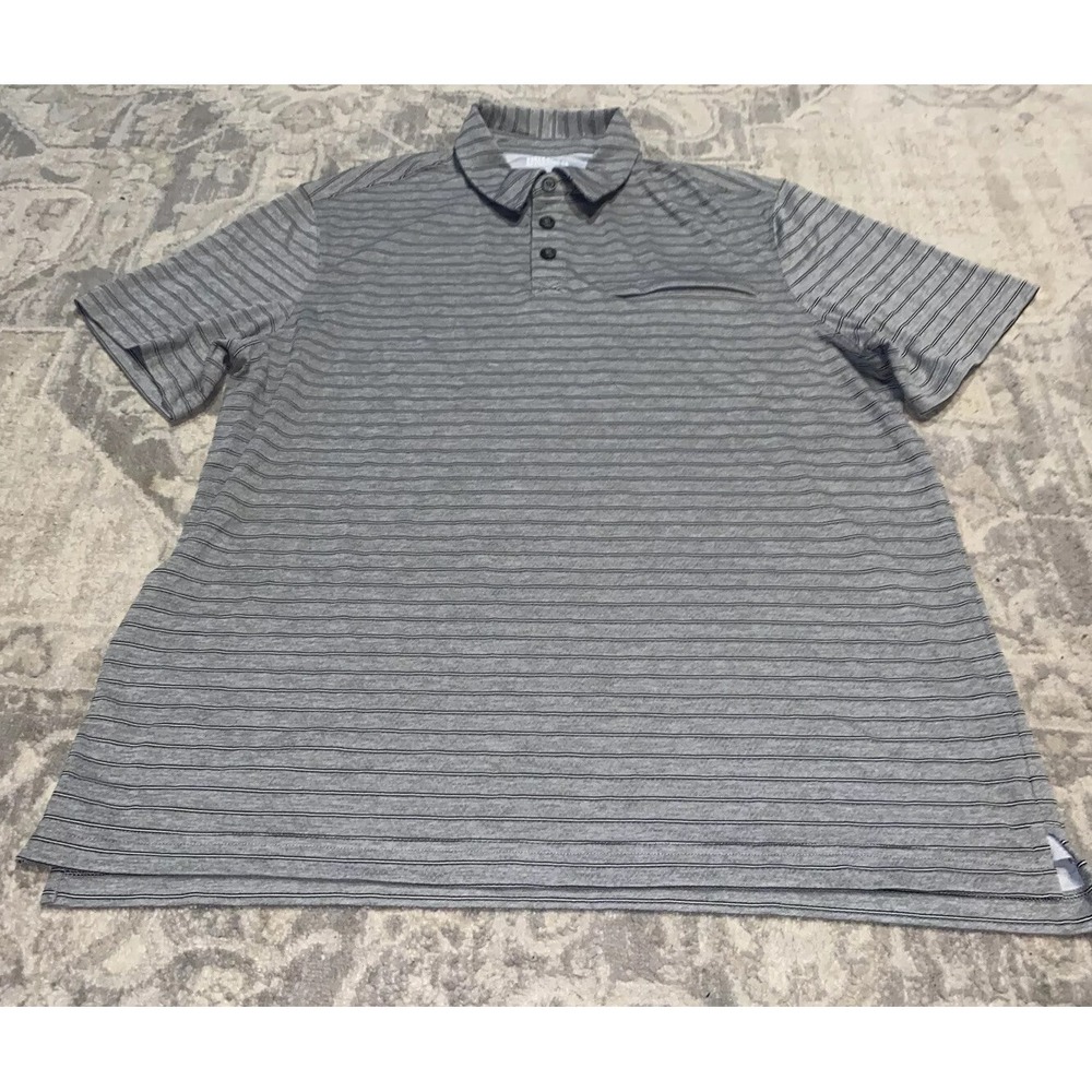 Duluth Trading Co Relaxed Polo‎ Shirt Gray Striped Short Sleeve Sz Large Men's